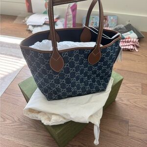 Gucci Totissima Blue Denim Monogram Tote with Brown Leather Trim